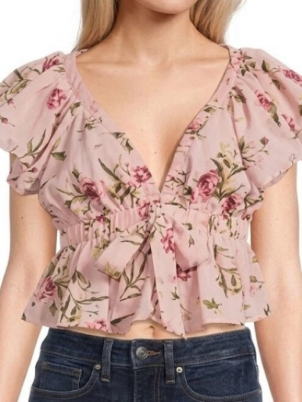 Floral Pink Tie-Front Ruffle Sleeve Crop Top